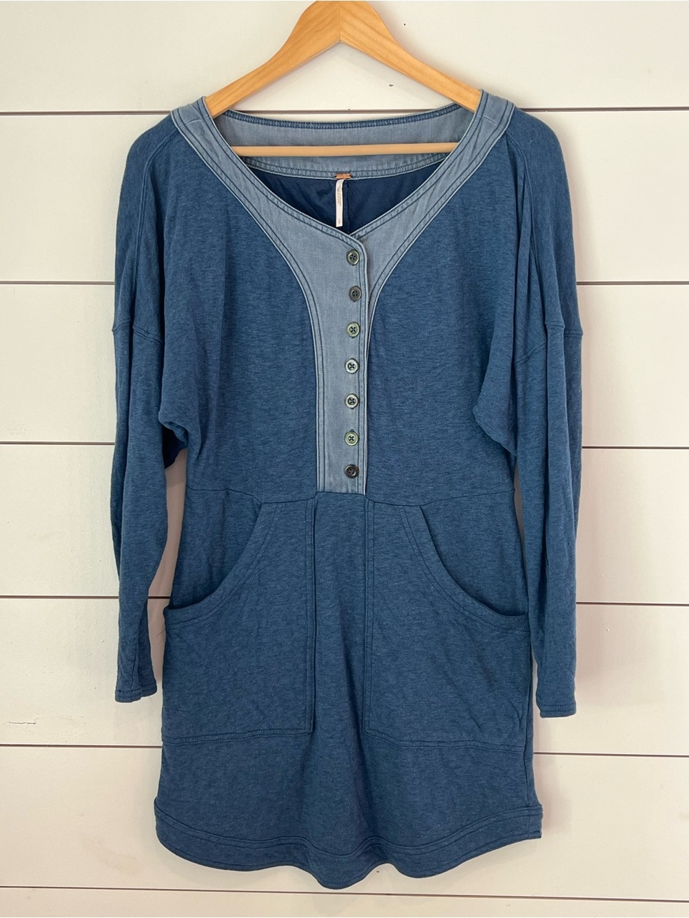 Free People Seeking Hearts Indigo Blue Long-Sleeve Button Tunic Dress